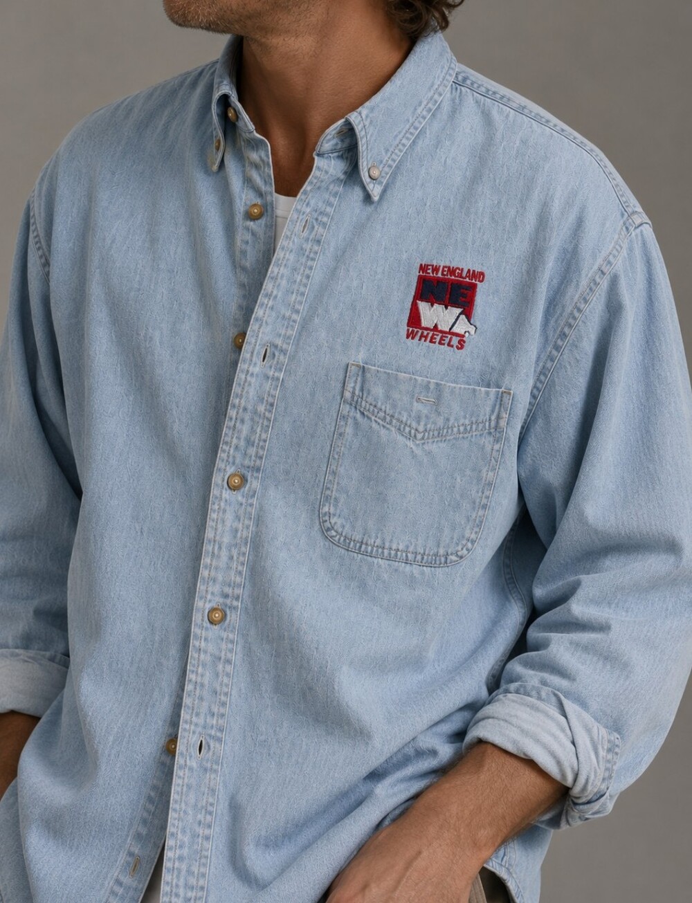 U1st New England Wheels Light Blue Denim Button Down Shirt Mens Size XL